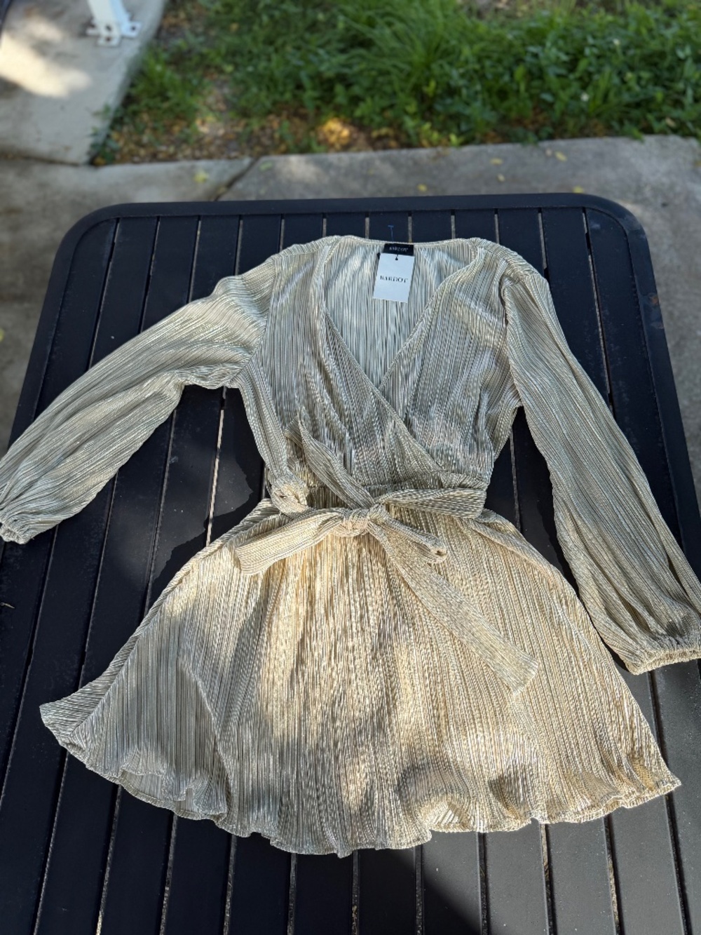 Bardot gold dress.